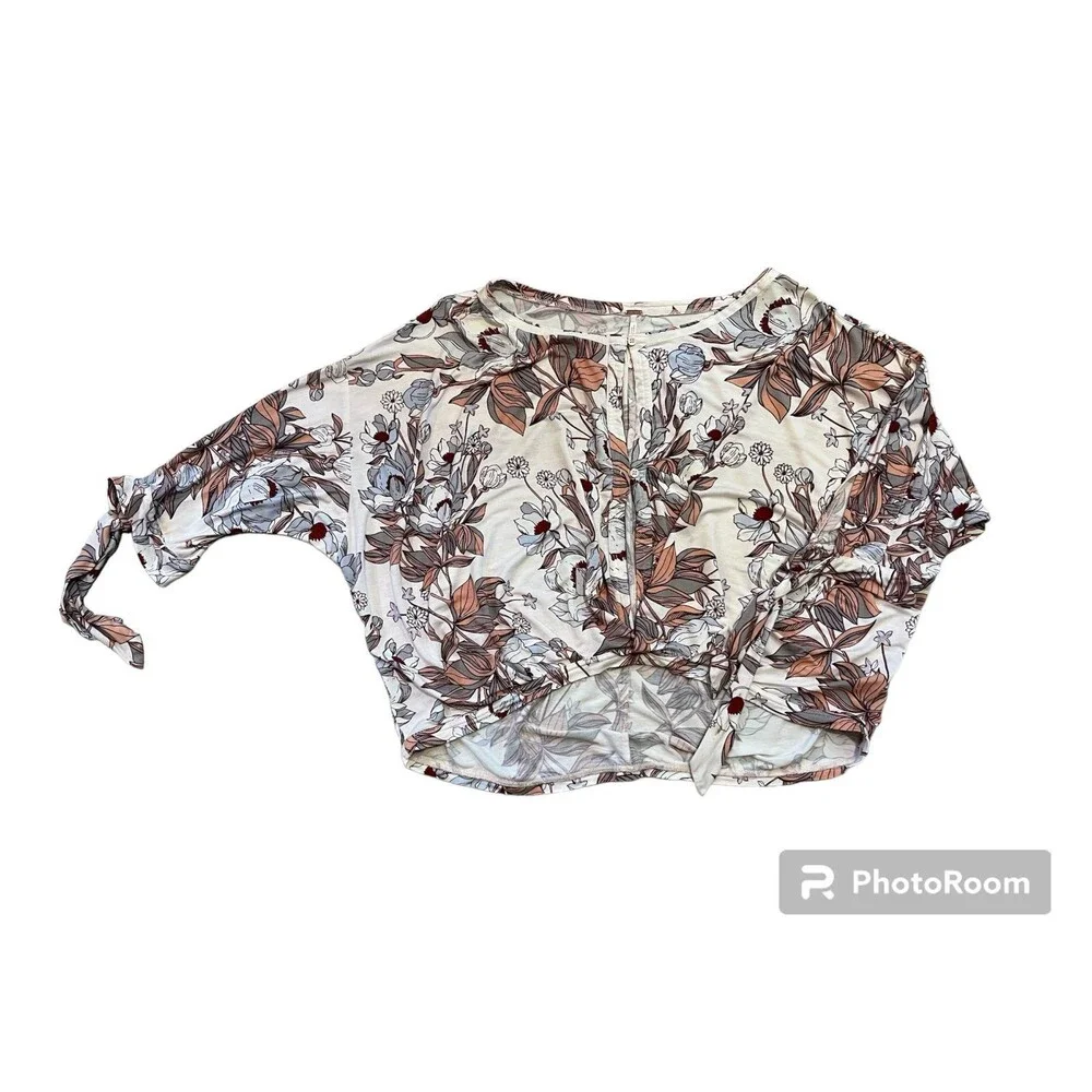 Free People Keepin On Ballet Pink Floral 3/4 Length Tie Sleeve Boho Blouse XS